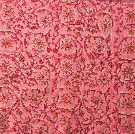 Pure Cotton Jaipuri Pink With Light Orange Flower Jaal Hand Block Prin ...
