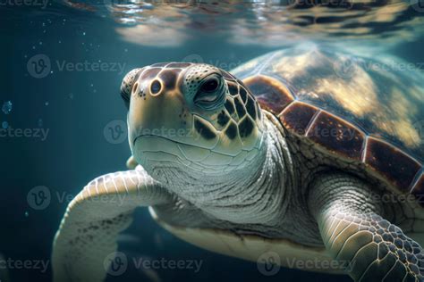 Close wild turtle floating over beautiful natural ocean background ...