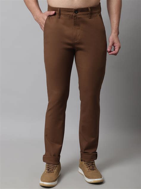 Cantabil Men Brown Cotton Blend Solid Regular Fit Casual Trouser
