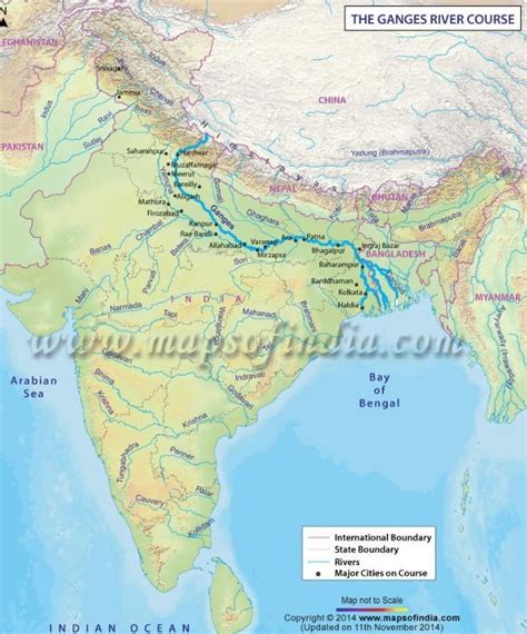 On a political map of India, draw the path of Ganga from its source of ...
