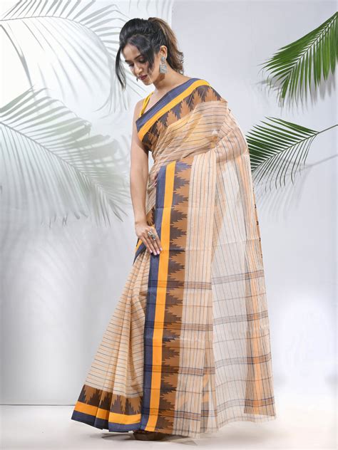 Cream Pure Cotton Taant Saree With Temple Border – Charukriti