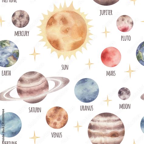 Watercolor pattern with planets of the solar system. Planets of the ...