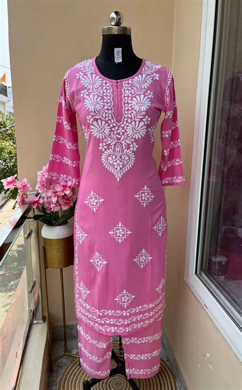 Sykurti Pink Chikankari Kurti With Matching Printed Plazzo Suit 2Ps For ...