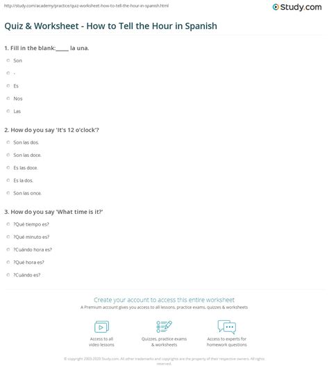 Quiz & Worksheet - How to Tell the Hour in Spanish | Study.com
