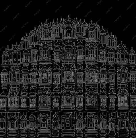 Hawa mahal jaipur line drawing vector hawa mahal line work | Premium Vector