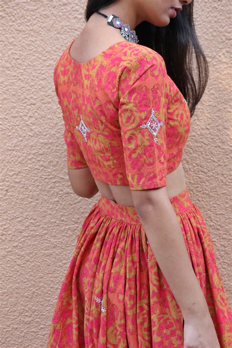 Gerua Hand Block Printed Embroidered Cotton Lehenga Set - Mogra Designs