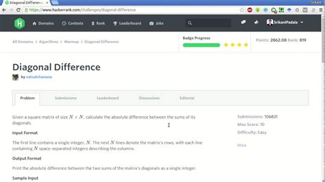 Image result for Diagonal Difference HackerRank Solution in Python