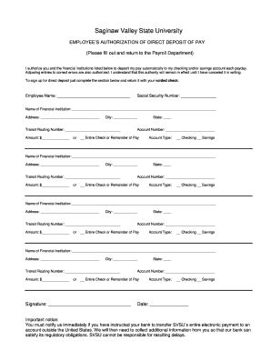 SVSU Employees Authorization of Direct Deposit of Pay - Blank Fillable ...