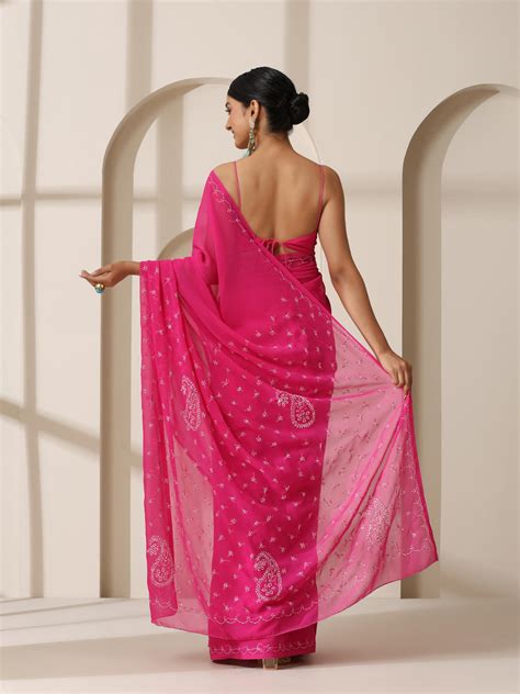 Buy Fuchia Rahet Hand Chikankari Saree with Blouse Fabric Online – Swtantra