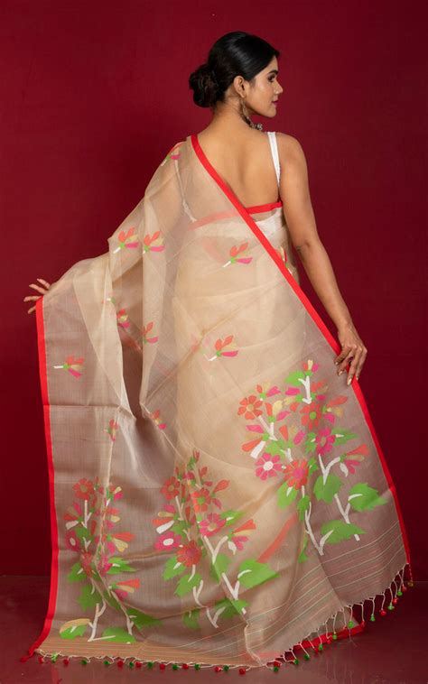 Premium Poth Muslin Silk Jamdani Saree in Rose Gold, Red and Multicolo ...