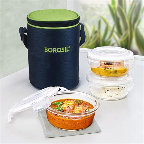 Buy Borosil Alfa Green Lunchbox with Bag | 3pc Round Container Set (400 ...