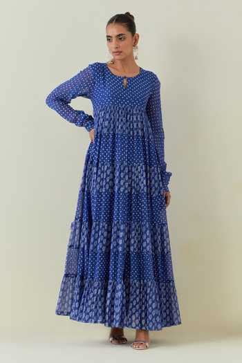 Buy Blue Cotton, Chanderi Embroidery Floral Print Tiered Anarkali ...