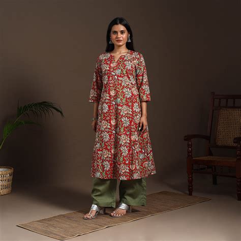 Red Block Print Cotton A-Line Sanganeri Kurta