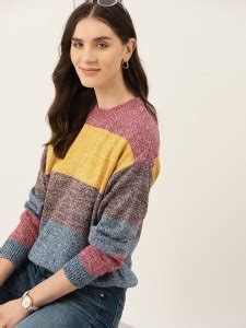 Mast & Harbour Striped Round Neck Casual Women Yellow Sweater - Buy ...