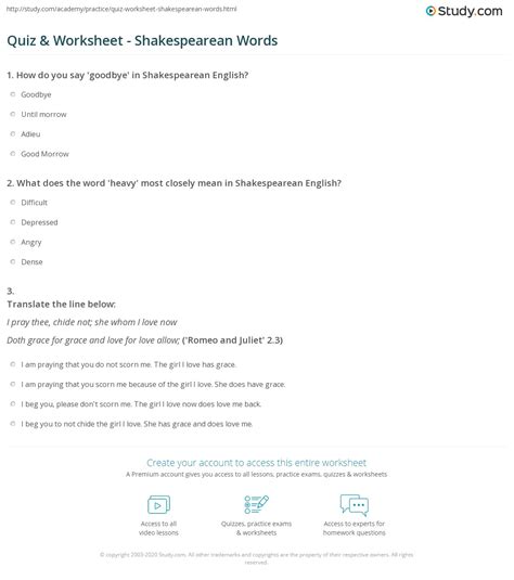 Quiz & Worksheet - Shakespearean Words | Study.com