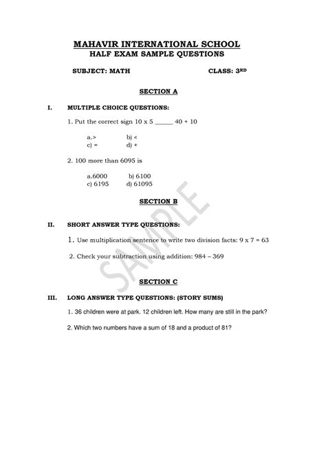 Class 3 MATH Sample Paper - MAHAVIR INTERNATIONAL SCHOOL HALF EXAM ...