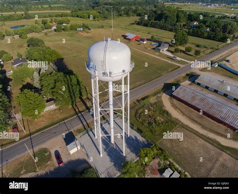 Aerial view of a Water holding tank for a small city of Croswell ...