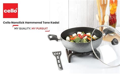 Buy Cello Non Stick Hammered Tone Kadhai with Glass Lid 2.5 LTR, Black ...