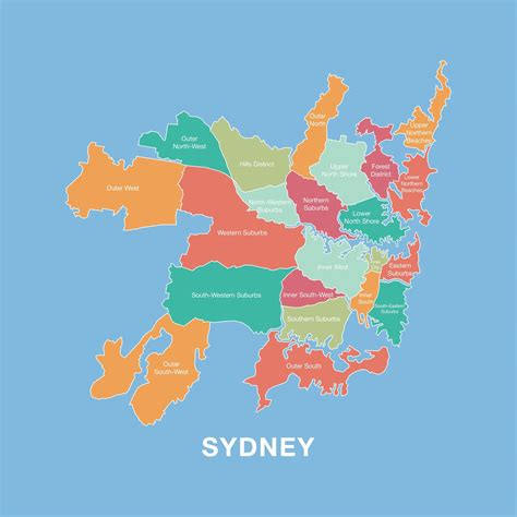 Colorful map of Sydney, Australia with labeled administrative districts ...