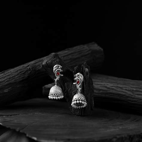 Red Saanjh Bela Mayuri Oxidised Jhumka Earrings