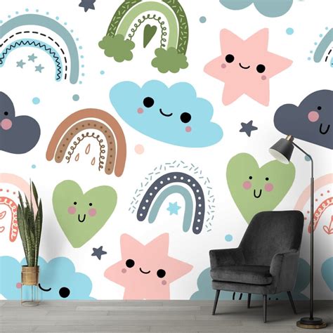 Smiling Clouds and Stars Kids Room Wallpaper - Magic Decor