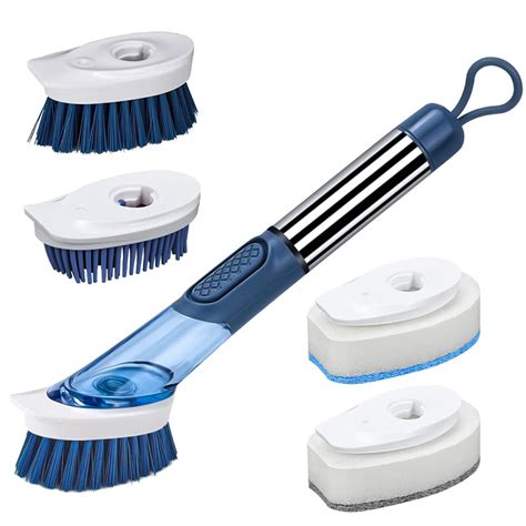 Soap Dispensing Dish Brush Set,Dish Scrubber with 4 Replaceable Brush ...