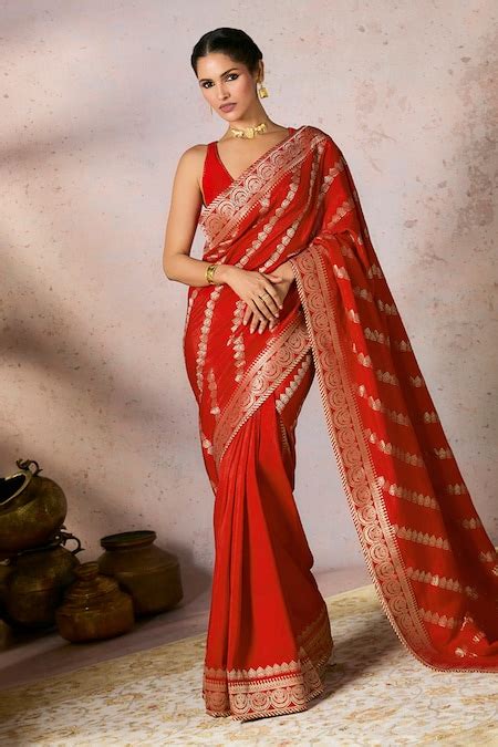 Buy Red Jacquard, Silk Chand Noor Woven Saree With Unstitched Blouse ...
