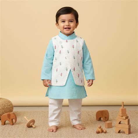 Keebee Organic Cotton Floral Embroidered Jacket Kurta and White Pajama ...