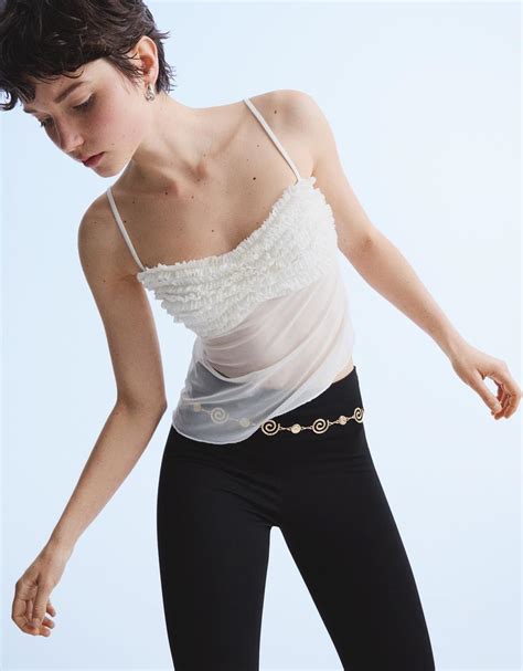 Strappy tulle micro-ruffle top - Women | Bershka