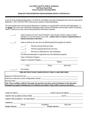 Kindergarten Waiver - Calvert County Public Schools - Fill and Sign ...