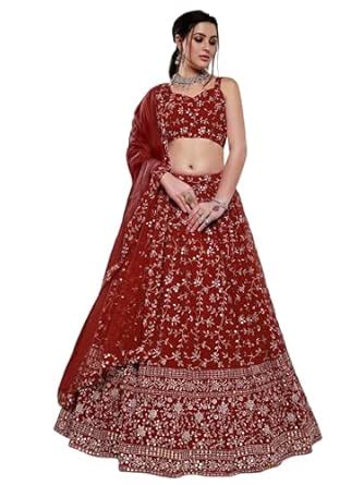 Zeel Clothing Womens Georgette Lehenga Choli Semi-Stitched Red Wedding ...