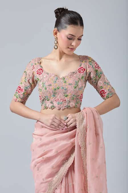 Buy Peach Chiffon, Georgette Beads, Cut Work, Embroidery, Scallop Hem ...