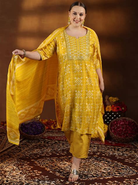 Buy Plus Size Mustard Printed Silk Blend Straight Suit With Dupatta ...