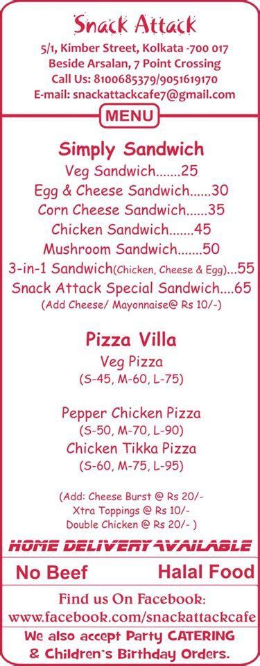 Menu at Snack Attack, Kolkata