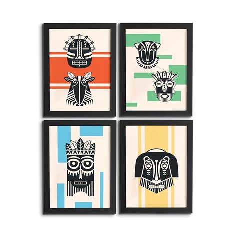 Set of 4 Wall Frame Combo|Tribal African Masks Color Stripes| Bedroom ...