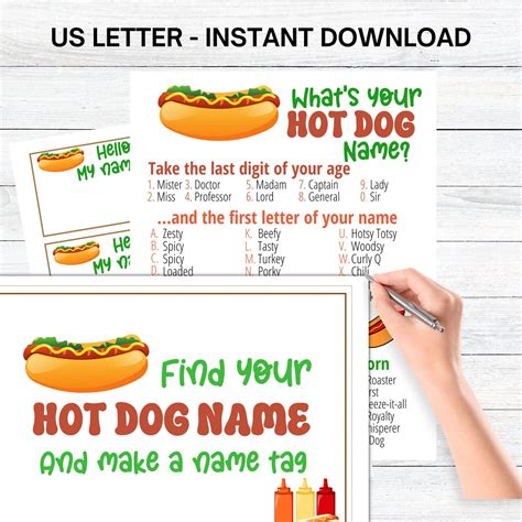 What's Your Hot Dog Name Game With NAMETAGS & SIGN, Hot Dog Party Game ...