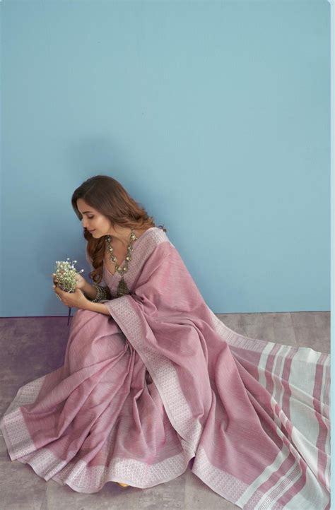 Soft Linen Silk With Chikankari Weaved Border Saree R1 – Maharanisaree