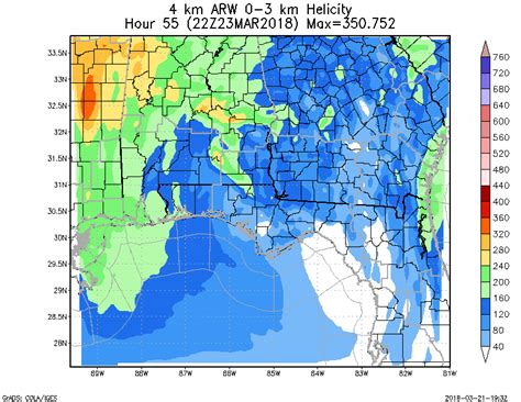WRF ARW 4KM 0 to 3km Storm Relative Helicity