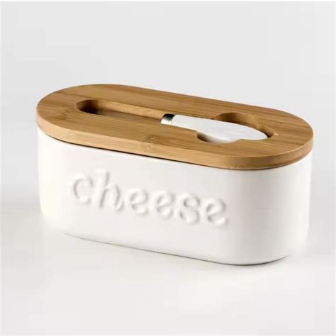 Buy Ceramic - Container - Cheese Dish with Bamboo Lid & Knife - Double ...