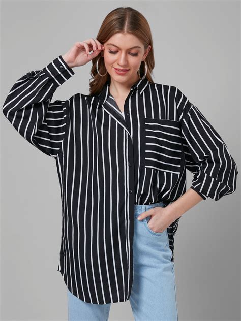 Style Quotient Women Black and White Stripe Printed Poly Crepe Oversiz ...