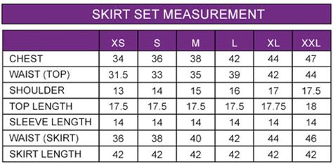 Skirt Sets Size Chart XS-2XL – Maybell Womens Fashion