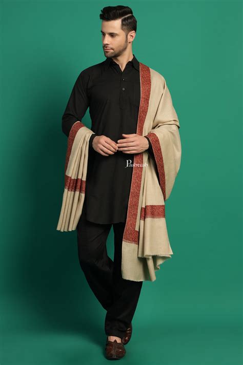 Pashtush Mens Fine Wool Shawl, Double Daur Challa Design, Beige ...