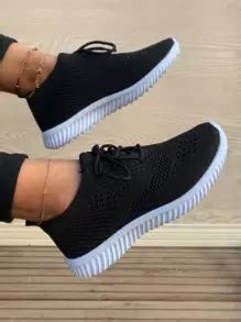 Lace Up Decor Knit Sneakers, Black Solid Color Athletic Shoes With Lace ...