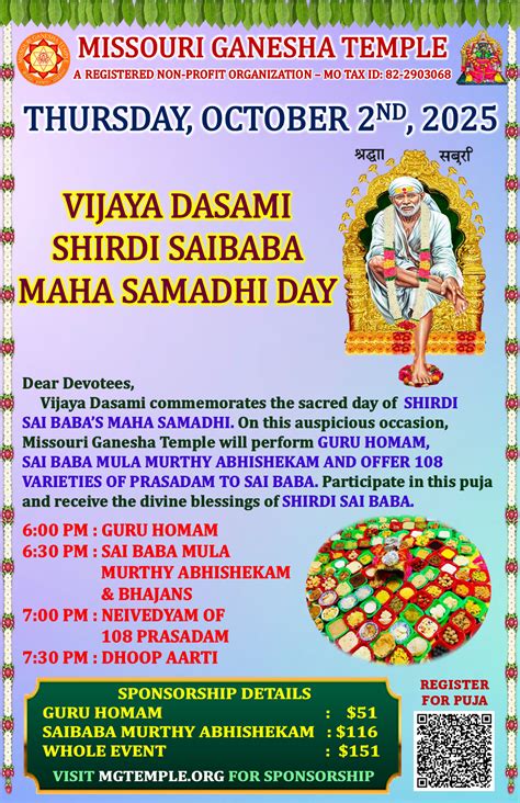Vijaya Dasami Shirdi SaiBaba Maha Samadhi Day – Missouri – Ganesha Temple