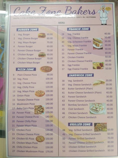 Menu at Cake zone bakers, Hyderabad