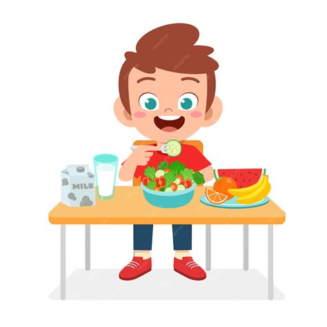 Niño lindo niño feliz comer alimentos saludables | Vector Premium