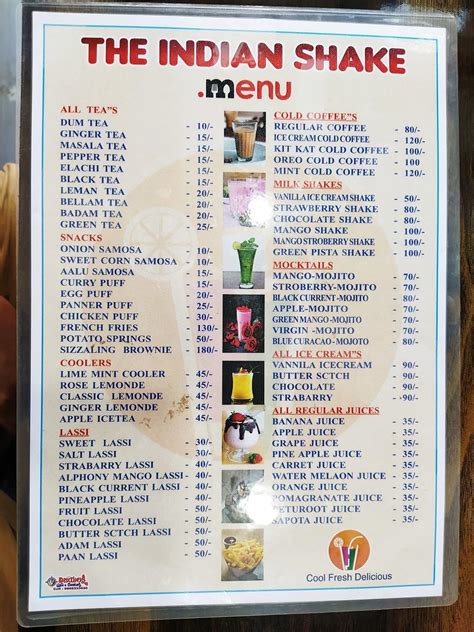 Menu at The Indian Shake, Nuzividu