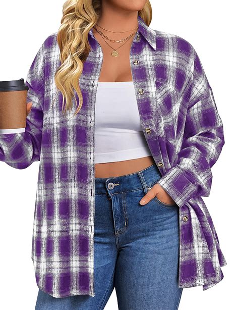 Fantaslook Plus Size Flannel Plaid Shirts for Women, Long Sleeve Button ...