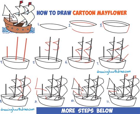 How to Draw Cartoon Mayflower Ship for Thanksgiving