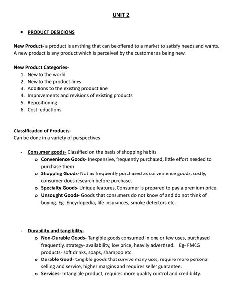 New Product Dev, PLC, Product Line+Mix Desicions - UNIT 2 PRODUCT ...